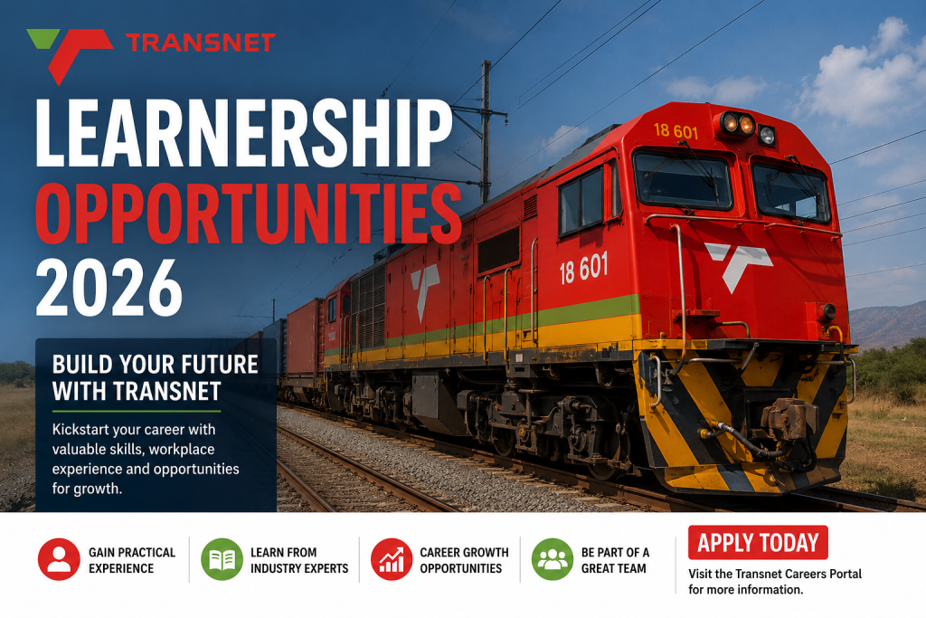 Transnet Learnership Opportunities 2026 promotional image showing a Transnet train and career opportunities for South African youth.